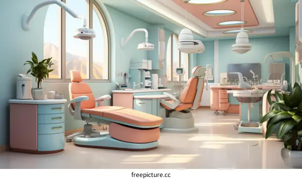 Dentist Office Interior with Modern Equipment and Comfortable Chairs