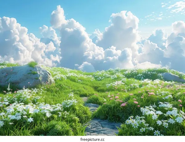 Fantasy Green Rolling Hills and White Clouds