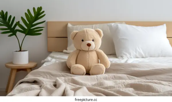 Cozy Teddy Bear on a Bed with a Green Plant