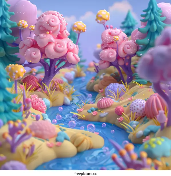 Whimsical 3D rendering of a colorful forest with a river running through it