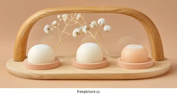 Wooden Tray with Three White Eggs and Dried Flowers