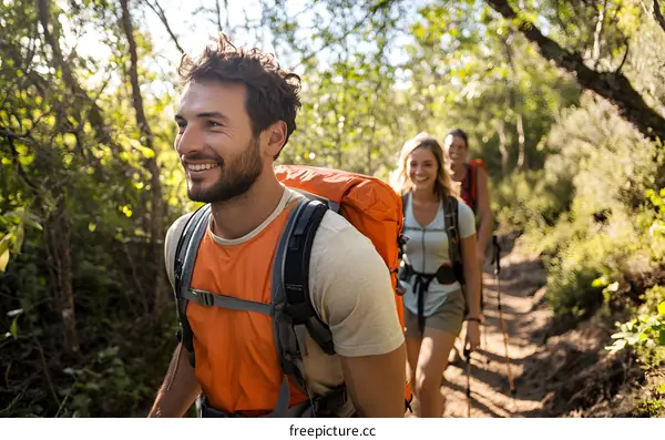 Hiking in the forest with friends