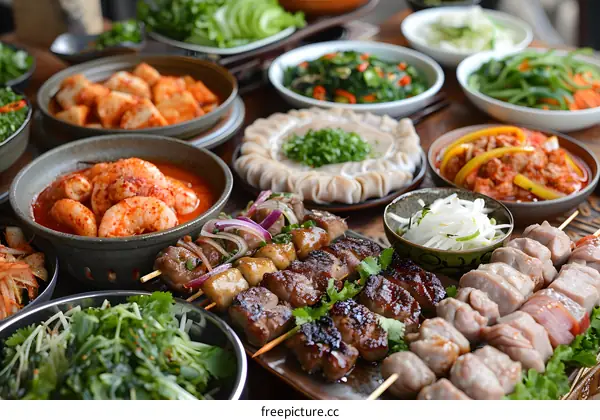 Assorted Korean Dishes on a Table