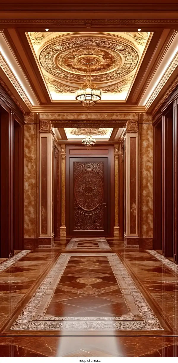 Ornate Hallway With Carved Wooden Doors and Ceiling