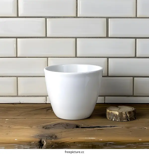 White Ceramic Bowl on Wooden Table with White Tile Background