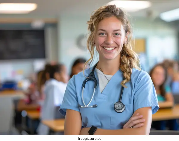 Portrait of a smiling young female nurse with stethoscope around her neck