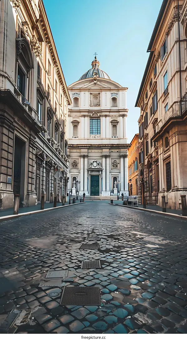 Cobblestone Street Leading to a Church in Rome