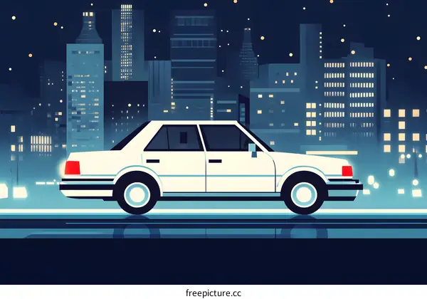 White Car Driving Through City at Night