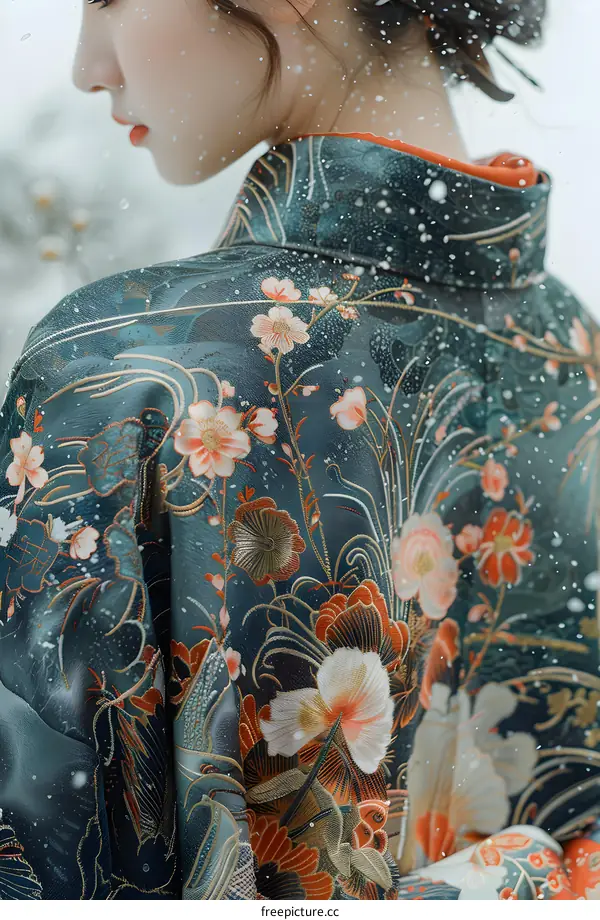 A woman wearing a blue kimono with floral embroidery.