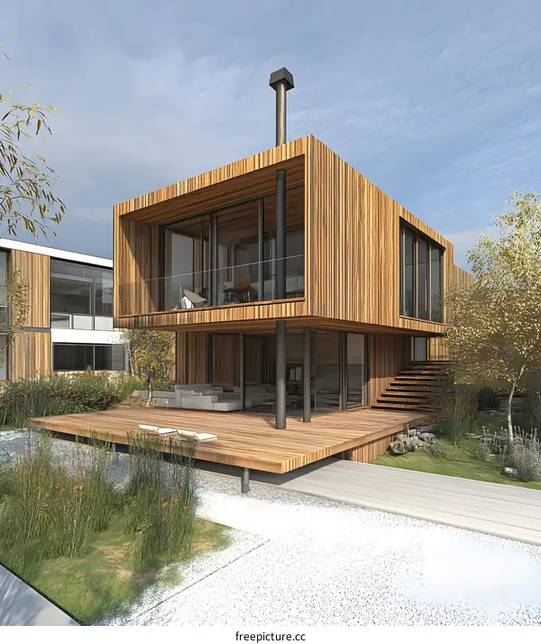 Modern Wooden House With Deck And Garden