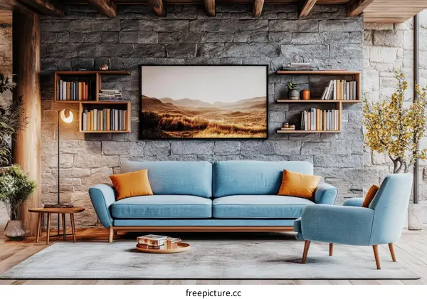 Cozy Living Room Interior Design with Stone Wall