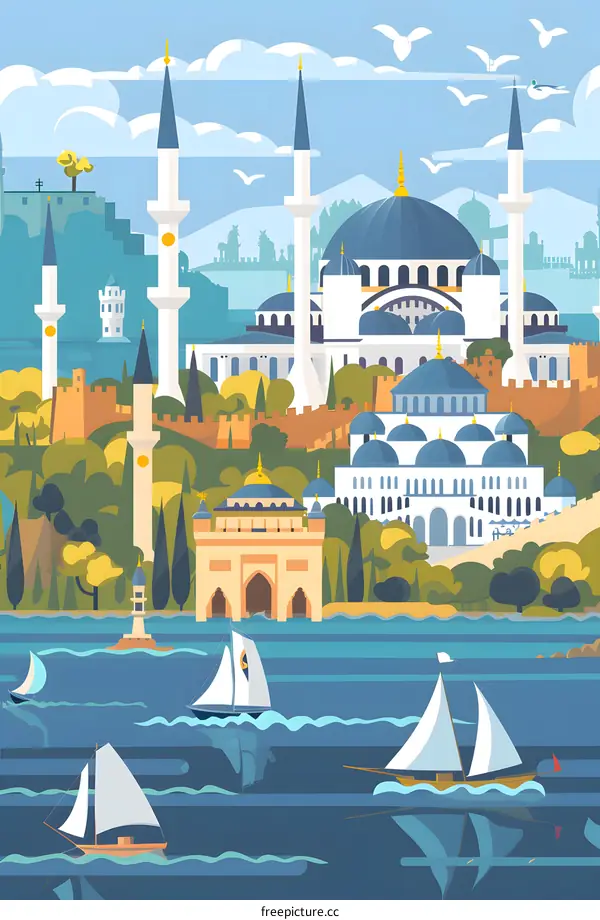 Illustration of Istanbul Skyline with Mosques and Boats