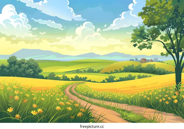 Countryside Landscape with Winding Road and Yellow Flowers