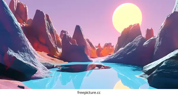 Abstract Mountain Landscape with Large Sun