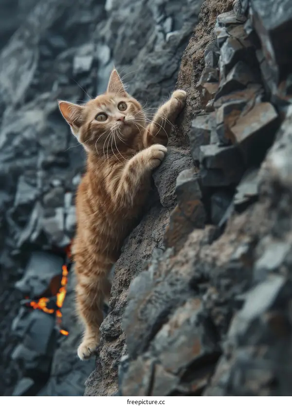 ginger kitten climbing a rock face