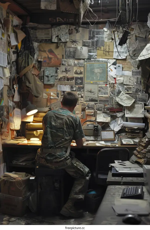 Soldier Working at Desk in Cluttered Office