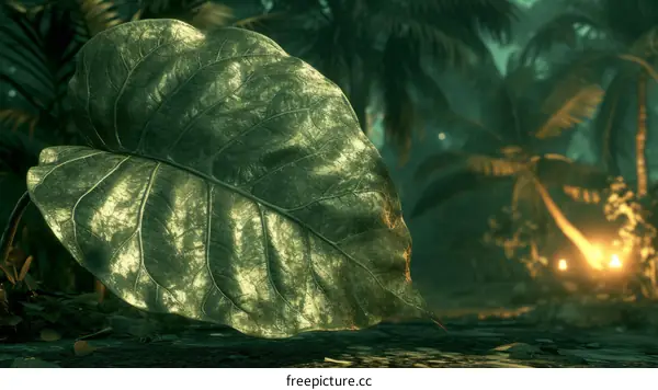 Close-up photo of a giant leaf in a jungle with a blurry background