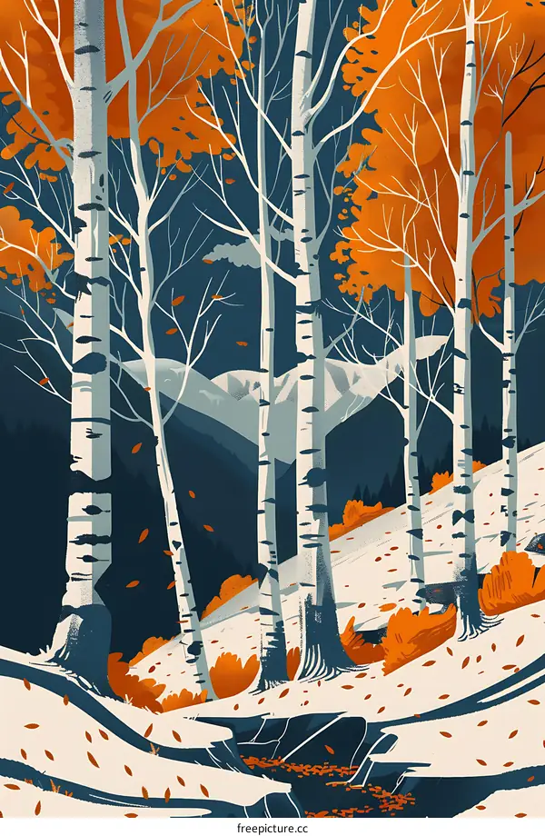 Autumn Forest Landscape with Birch Trees and Falling Leaves