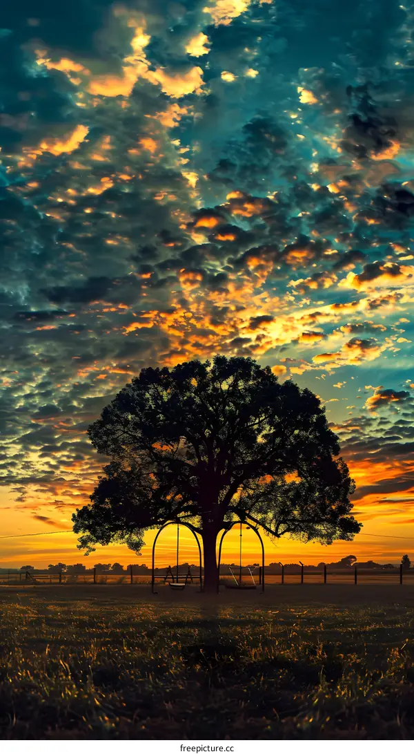 Golden Sunset Sky with Silhouette of a Tree and Swing Set
