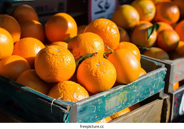 Close Up of Fresh Oranges In A Wooden Crate