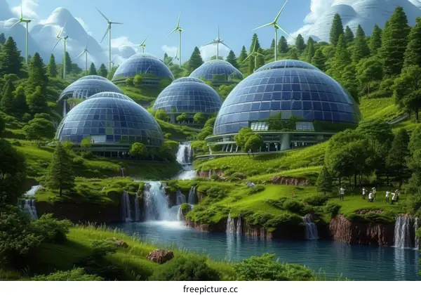 A green city of the future with solar panels and wind turbines