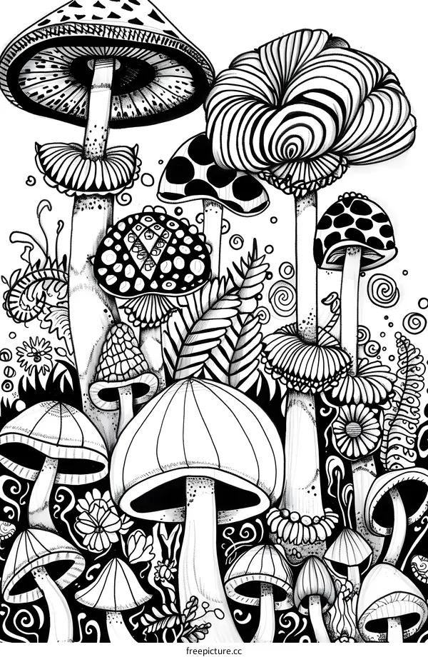 Black and white trippy pattern with mushrooms