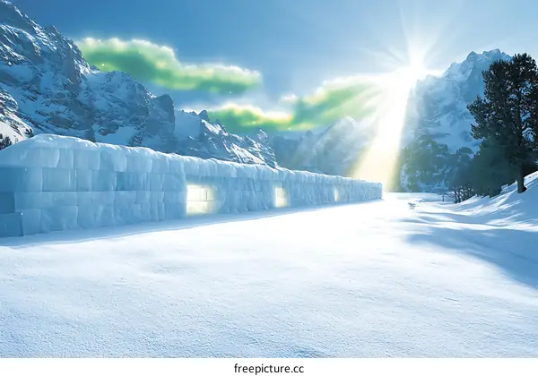 Ice Hotel in the Snowy Mountains with Bright Sunlight