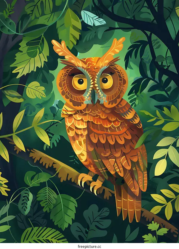 Colorful Owl Perched on Branch in Lush Green Jungle