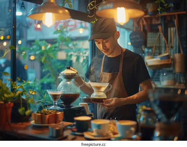 Asian man making pour over coffee in a cafe