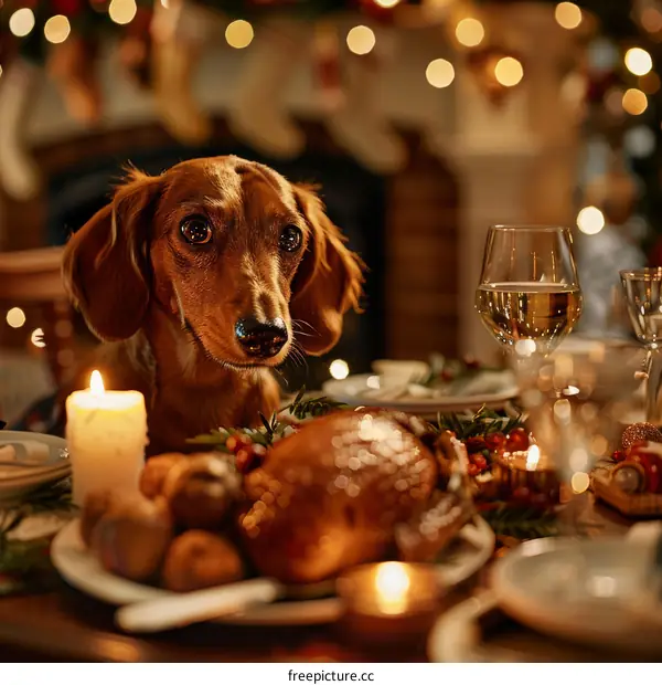 dachshund dog sitting at a holiday dinner table