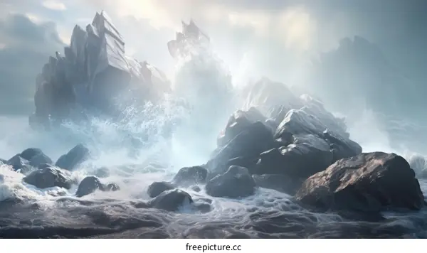 Huge rocks in the ocean being battered by giant waves