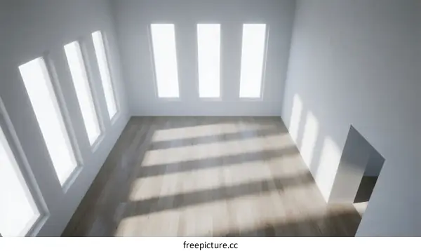 Bright and empty room with large windows letting in sunlight