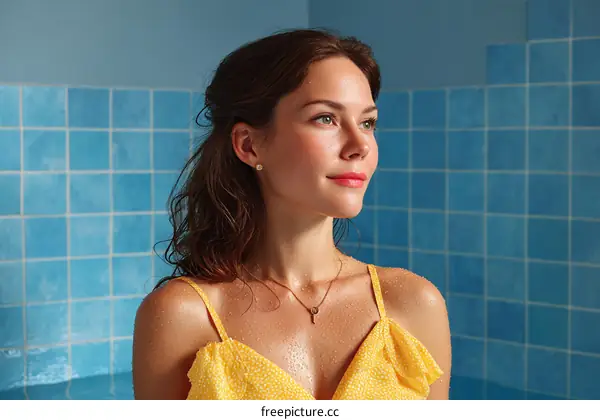 Woman in a Yellow Dress in a Blue Tile Bathroom
