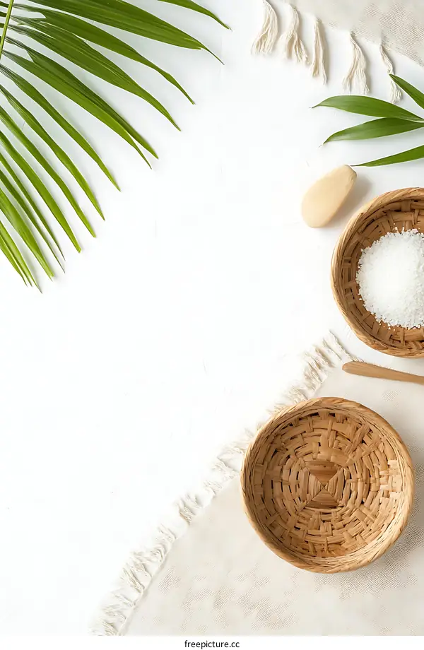 White Background with Palm Leaves and Woven Baskets