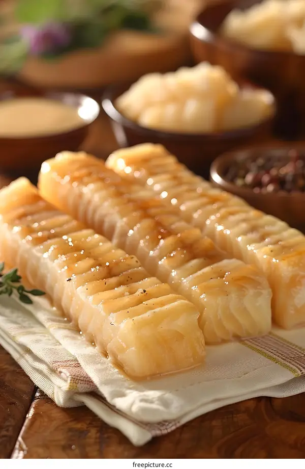 A wooden table with raw fish fillets