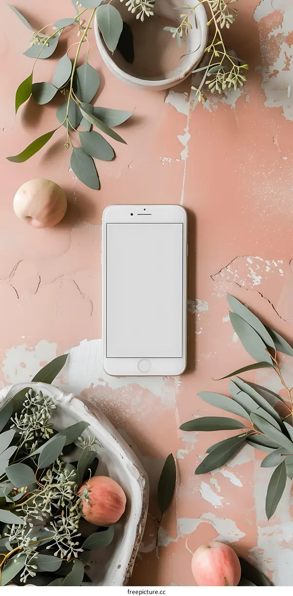 Flat Lay with Phone and Eucalyptus Leaves on Pink Background