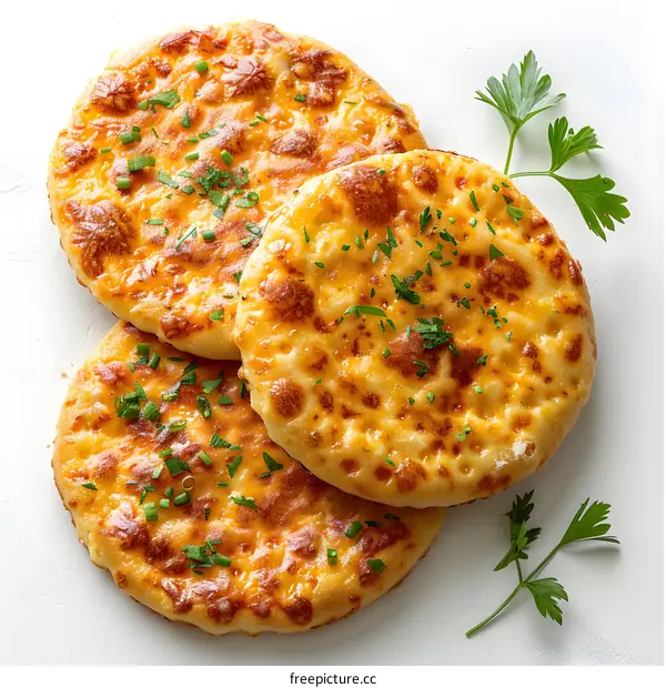 Three cheese flatbreads with herbs on a white marble surface