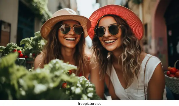 Two young women wearing hats and sunglasses are smiling while standing in front of a market stall with fresh vegetables.