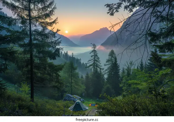 Camping in the mountains with sunrise