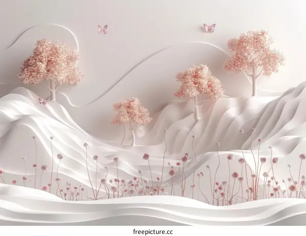 3D Pink Flowers and Butterflies on a Serene Hillside