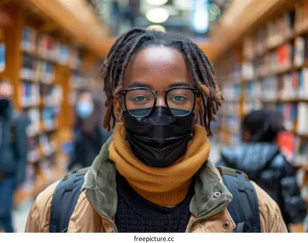 A young woman wearing a mask and glasses is standing in a library.