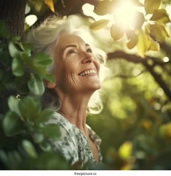Portrait of a happy elderly woman smiling in a sunlit garden