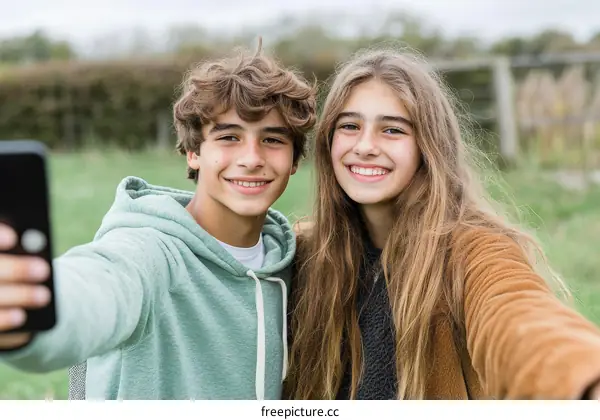 Two Teenagers Taking Selfie Outdoors