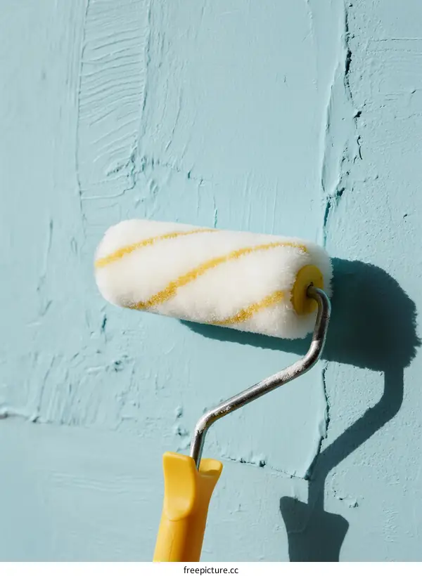 Yellow and White Paint Roller Applying Light Blue Wall