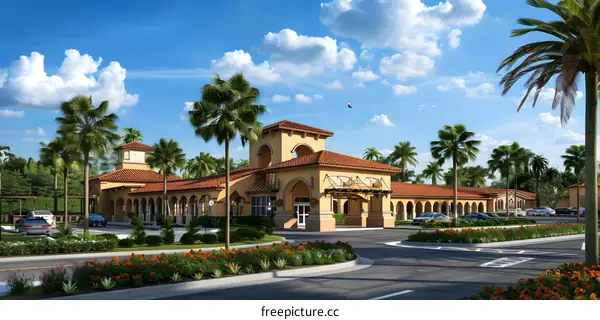 Mediterranean Style Building with Palm Trees and Blue Sky