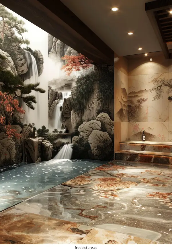 Tranquil Waterfall Mural Floor Design