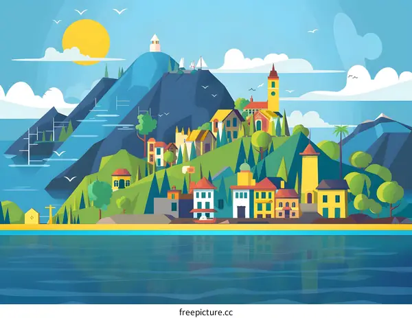 Coastal Town Illustration with Mountains and Sun