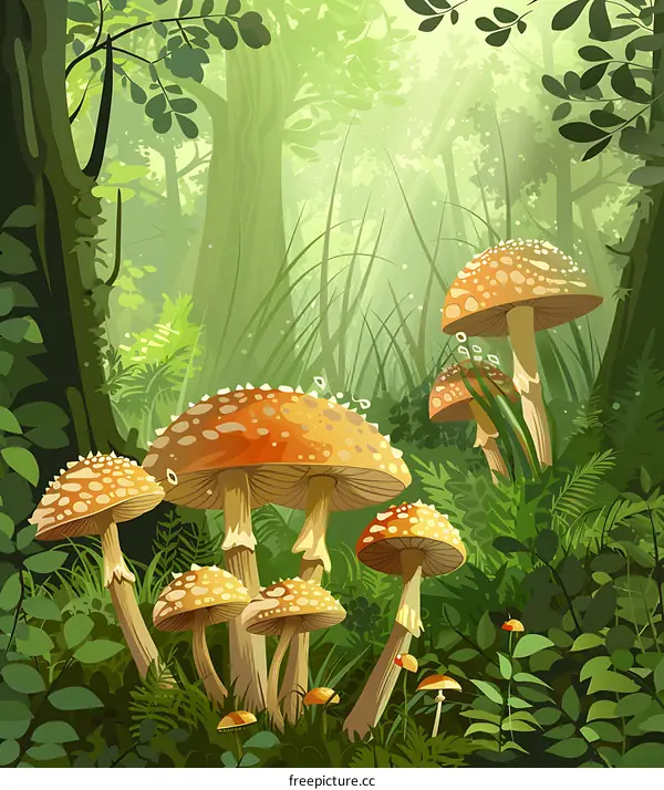 Forest Illustration with Group of Mushrooms