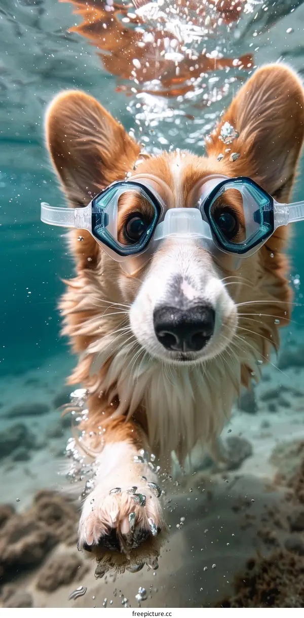 A cute corgi dog wearing swimming goggles swims underwater