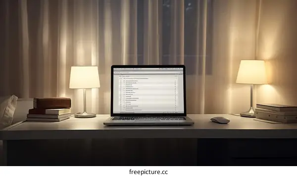 A desk with a laptop, books, and a lamp on it. The laptop is displaying a list of search results. The desk is in a bedroom.